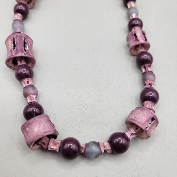 Vintage Freirich Mixed Materials Bead Necklace Wood Glass Resin Purple - Picture 2 of 4